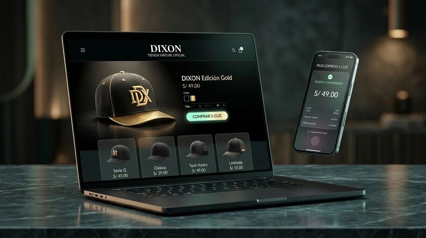 Mockup 3D de Tienda Virtual de Gorras DIXON en Perú con precios en Soles (S/) en Laptop y Smartphone